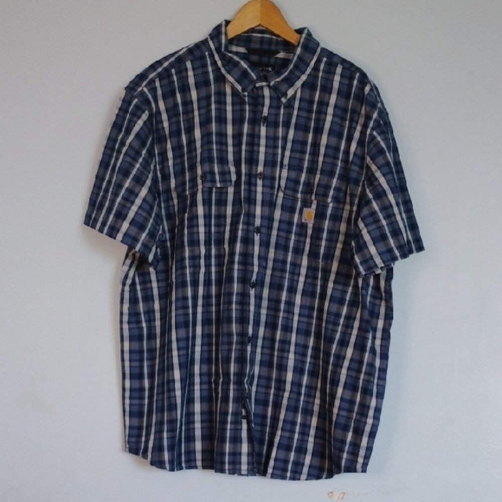 Carhartt Men's Size 2XL Blue & White Plaid Casual Button Down Shirt 100% Cotton